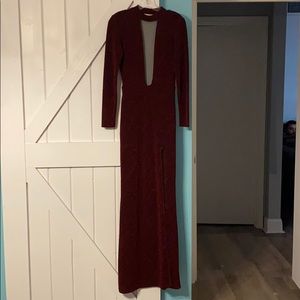 Long sleeve, low cut, high slit dress